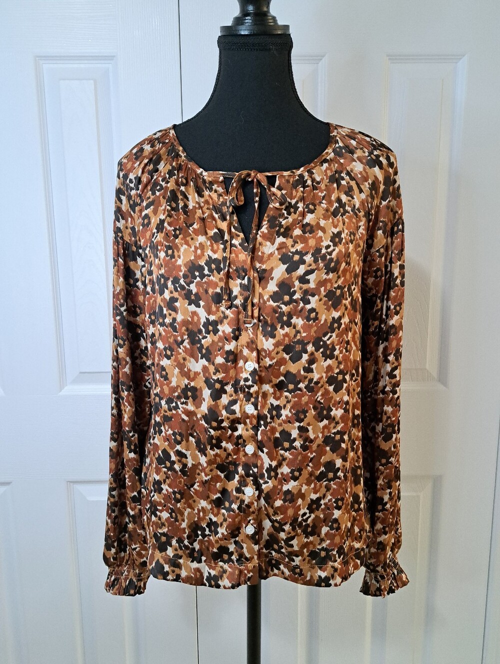 Gap Long Sleeve Blouse Abstract Floral Print Women's Size Small Brown Boho Flowy